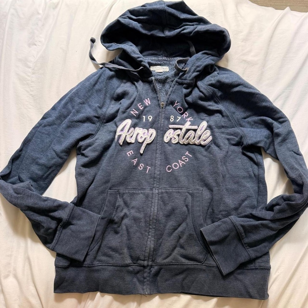 Y2K Aeropostale Zipup XL Navy Blue Full Zip Hoodie Embroidered White Text Purple